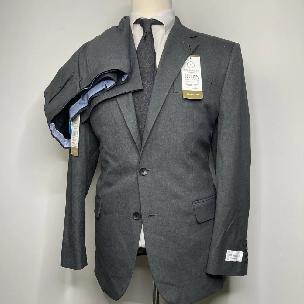 Haggar Mens 2-pc Suit Jacket Blazer 44R Pants 36W 32L Dark Gray Heather
